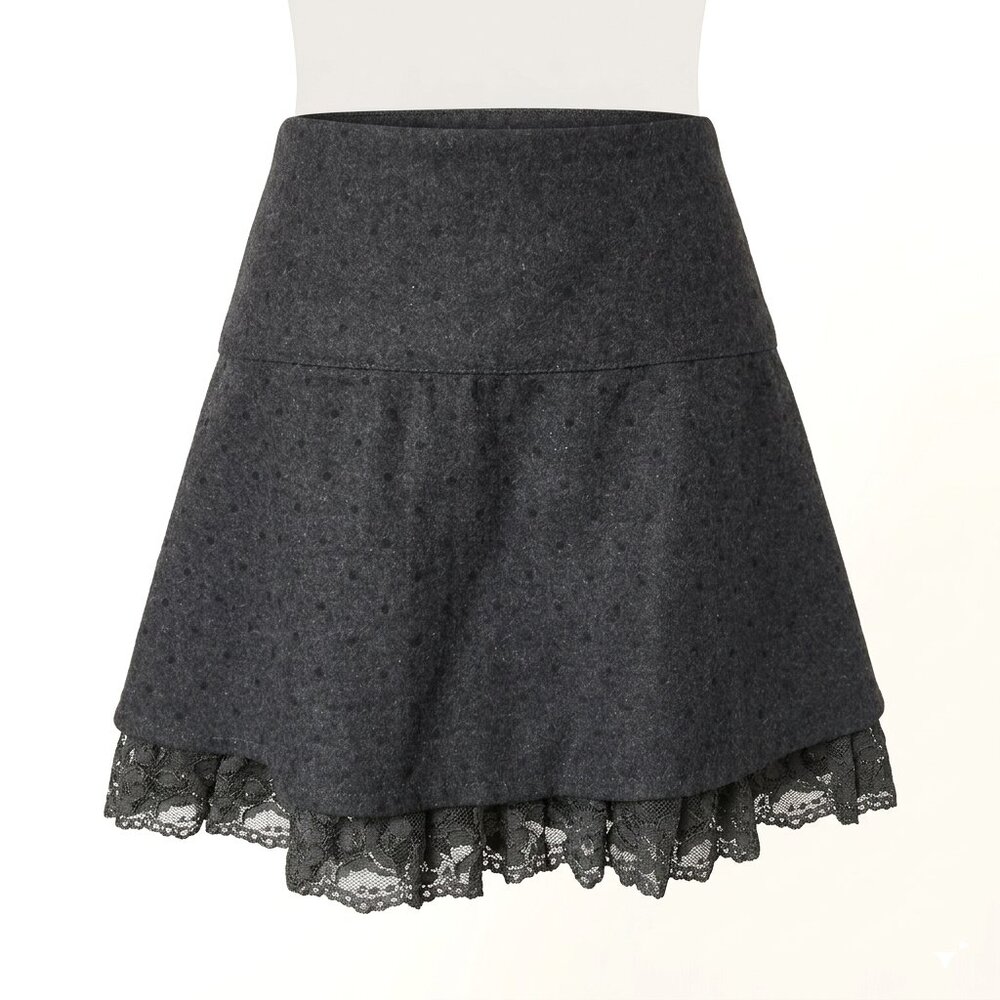 TWIK - Dark Gray short mini wool skirt polka-dot- lace edging lining - size 9